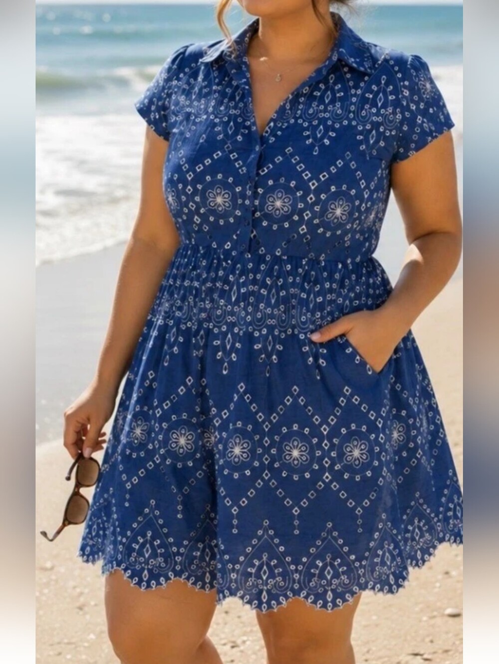 J. Jill Blue and White Embroidered Cotton Dress Size M